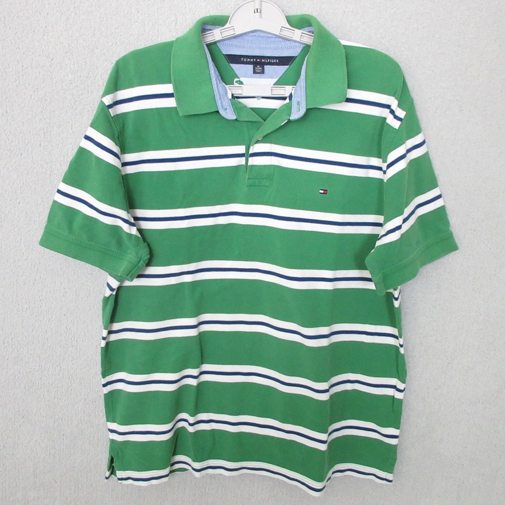 Tommy Hilfiger XL Polo‎ Shirt Striped Green White Blue Casual Menswear